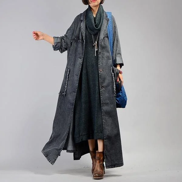 Women Trench Coat 2020 Fall Winter New Pockets Long Sleeve Blue Plus Size Trench